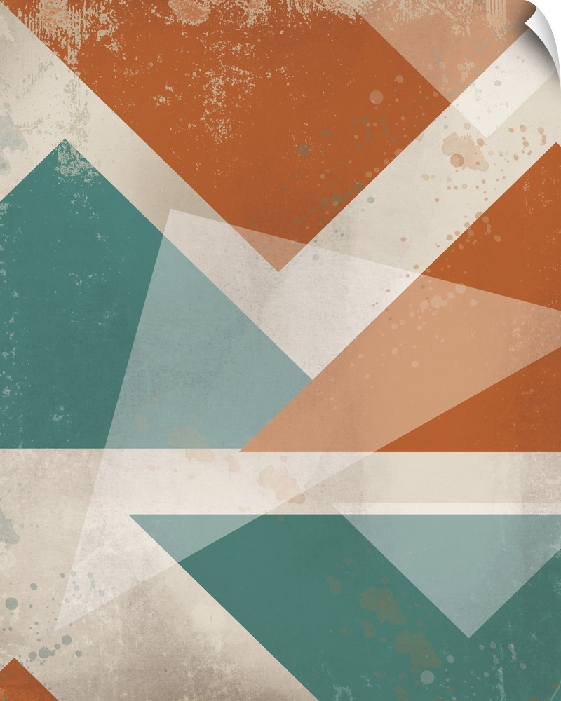 Contemporary artwork of retro stylized triangles in warm and cool tones over a neutral background.