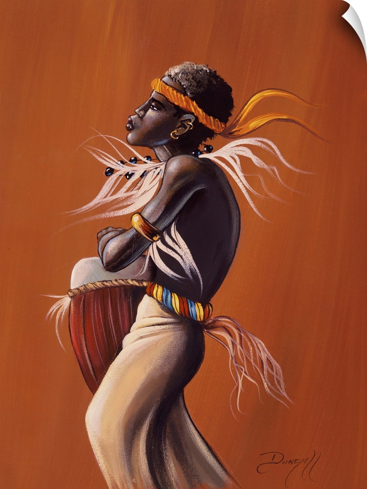 Contemporary African painting of a man in traditional dress playing a drum.