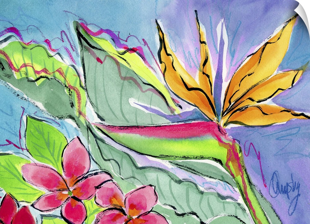 Contemporary painting of bird of paradise flowers, with other tropical flowers.