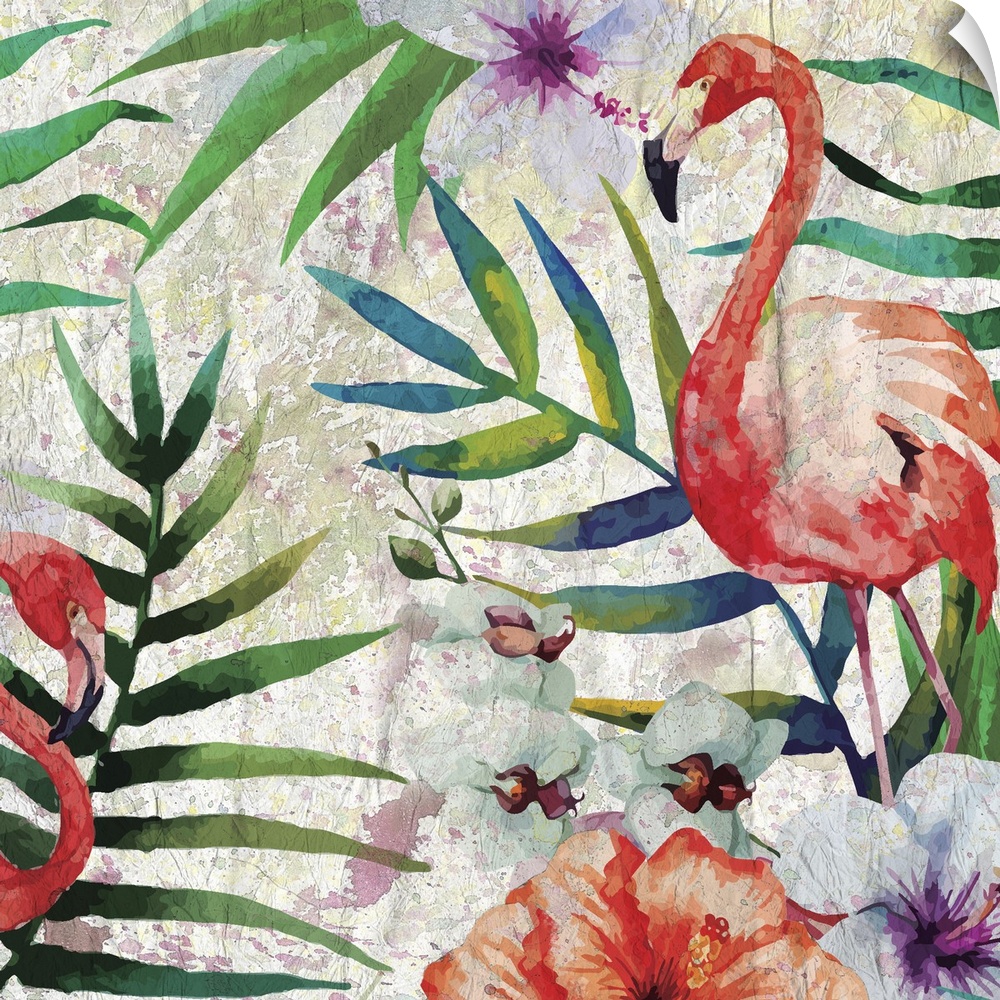 Tropical pattern with Flamingos and green palm leaves with white orchids.