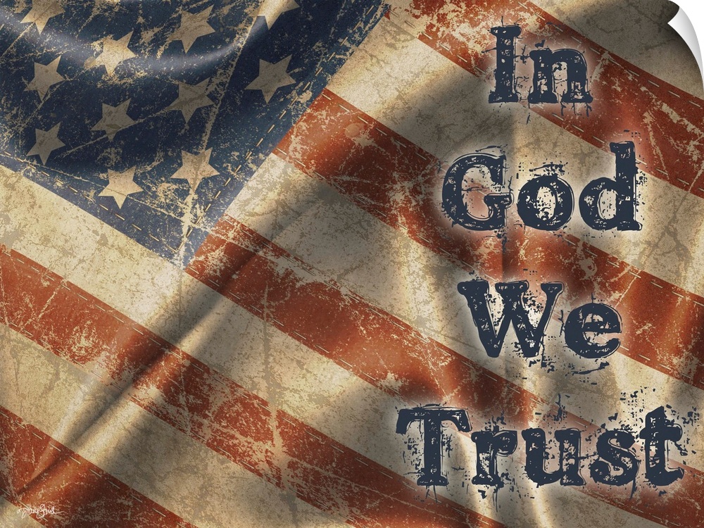 "In God We Trust" on a rustic waiving American flag.