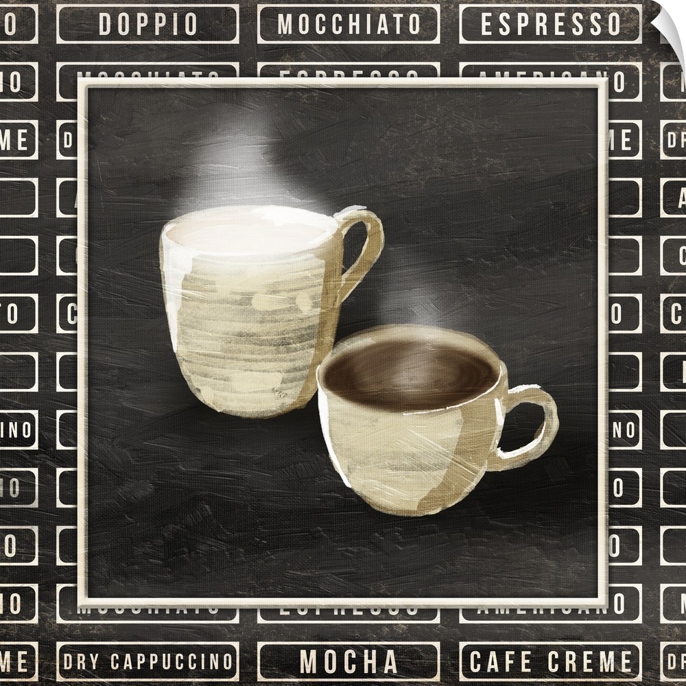 A painting of two cups of coffee with text of different styles of coffee painted on a chalkboard background.