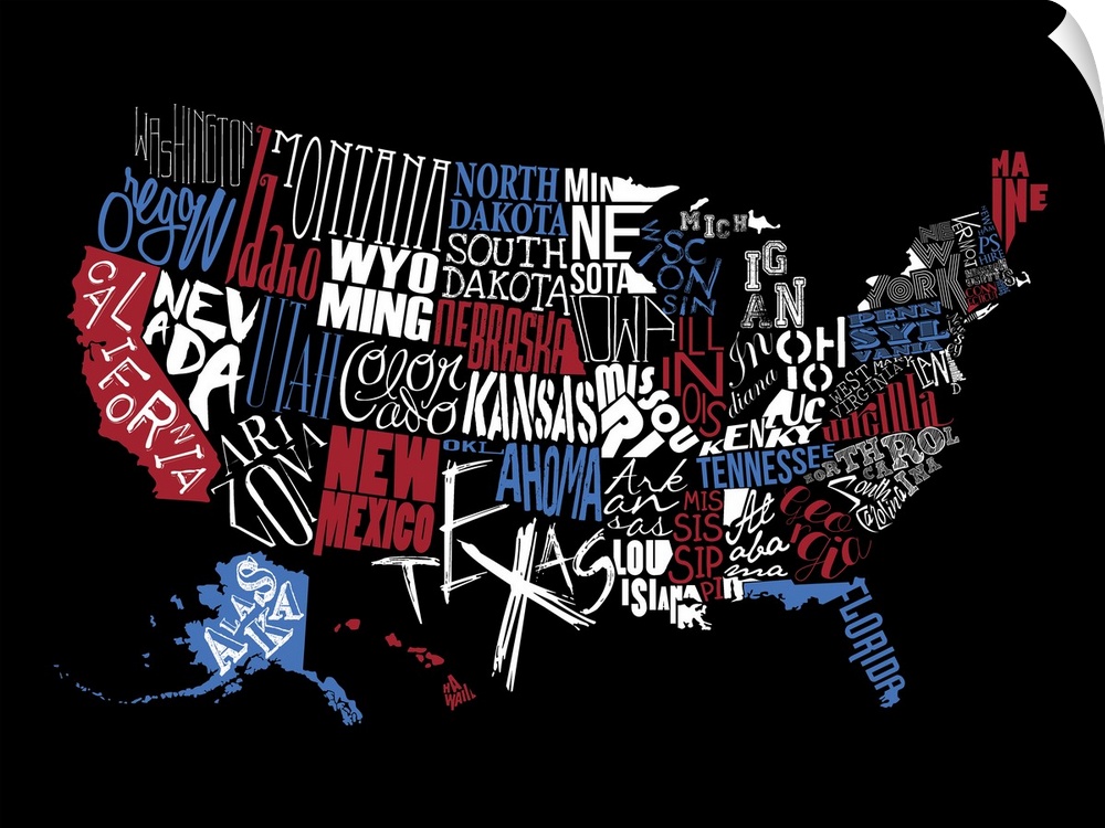 A contemporary typography map of the United States with all the state names in red, white, and blue on a black background.