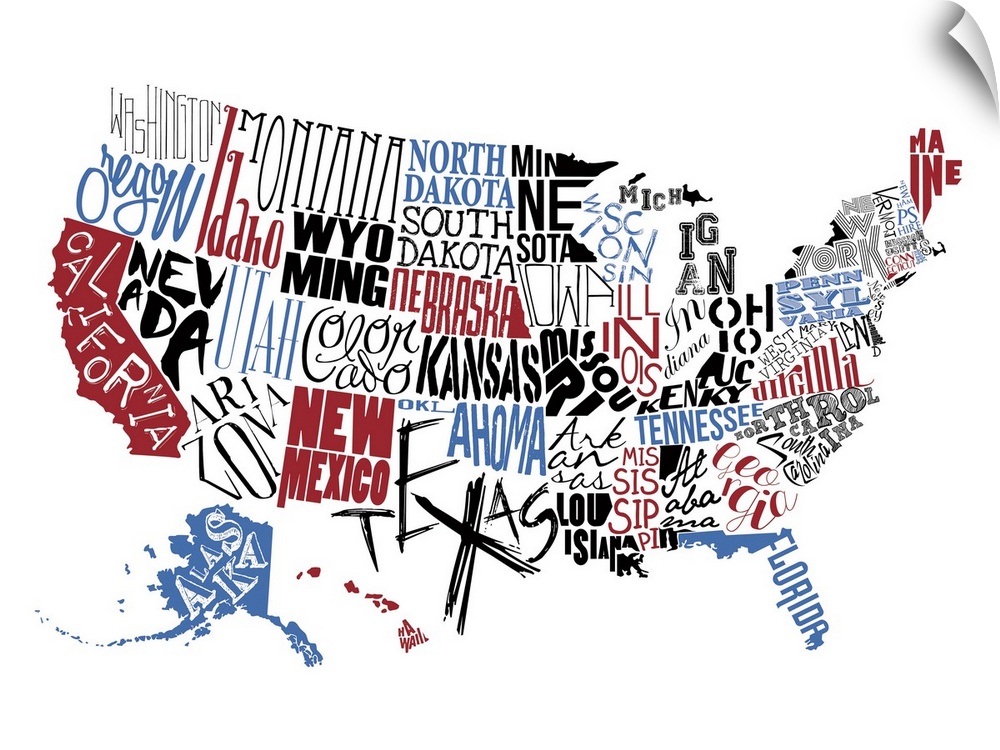 Contemporary painting using typography to make the shape of the USA.