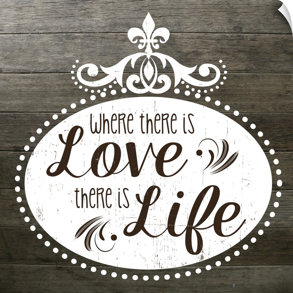 The phrase "Where there is love there is life" on a vintage marquee shape over a faux wood texture.