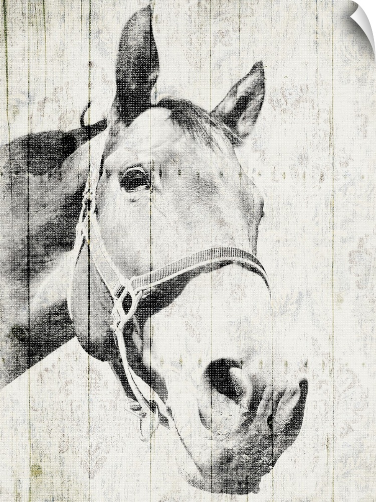 Contemporary artwork of a horse against a background of rustic wood planks.