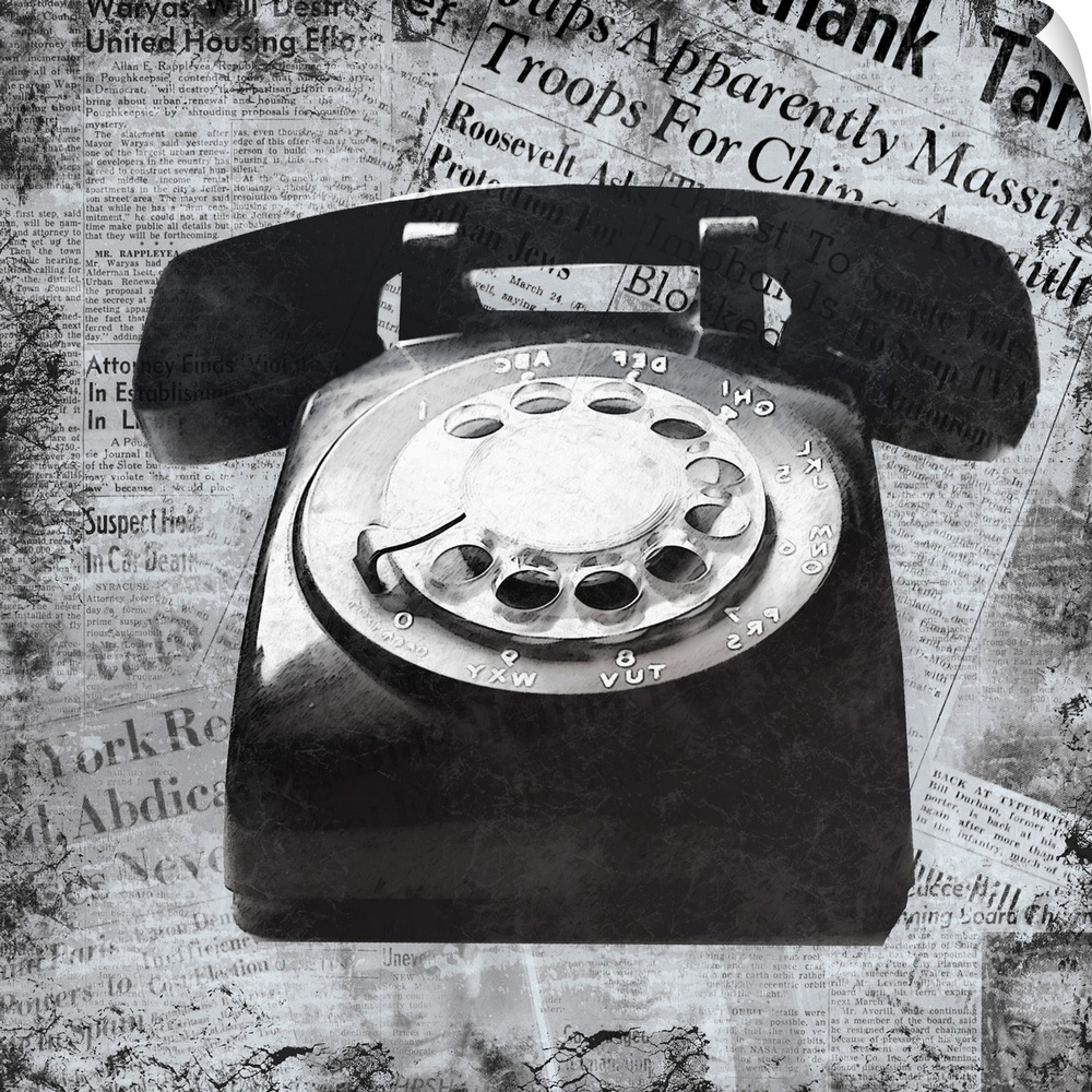 A black and white image of a vintage telephone on a newspaper clipping background.