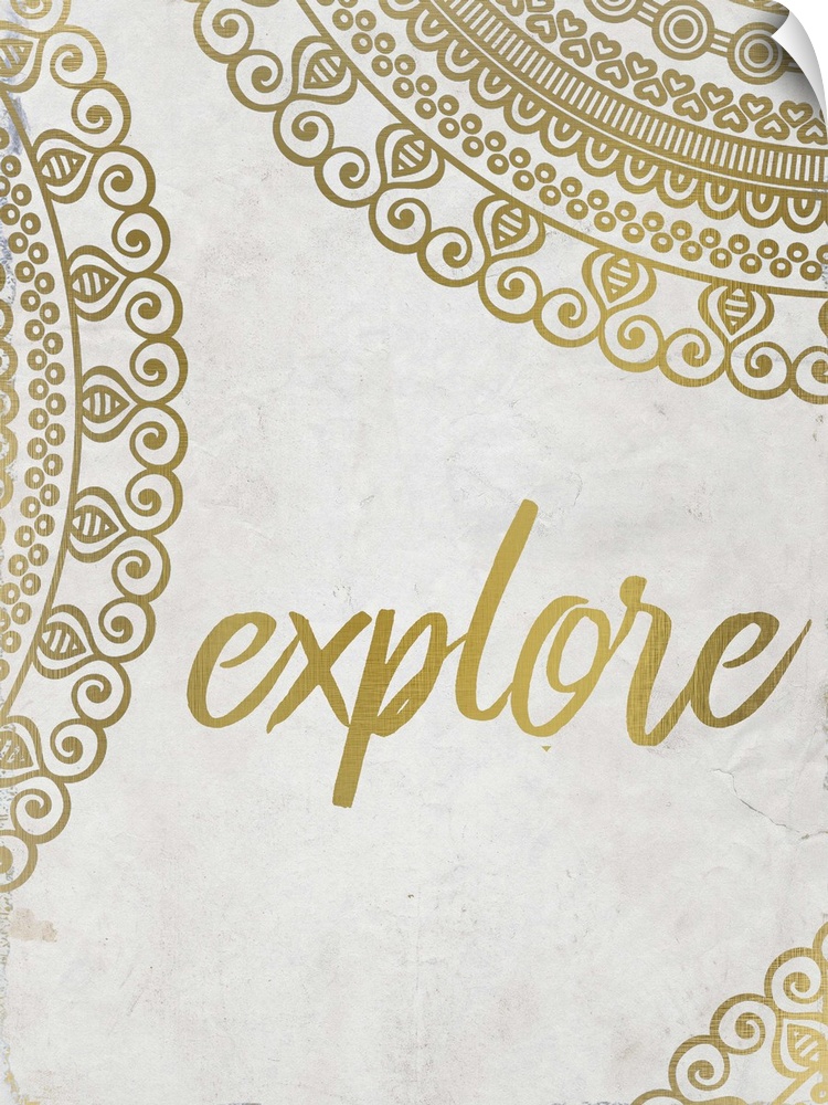 Intricate golden mandala patterns framing the word "Explore."