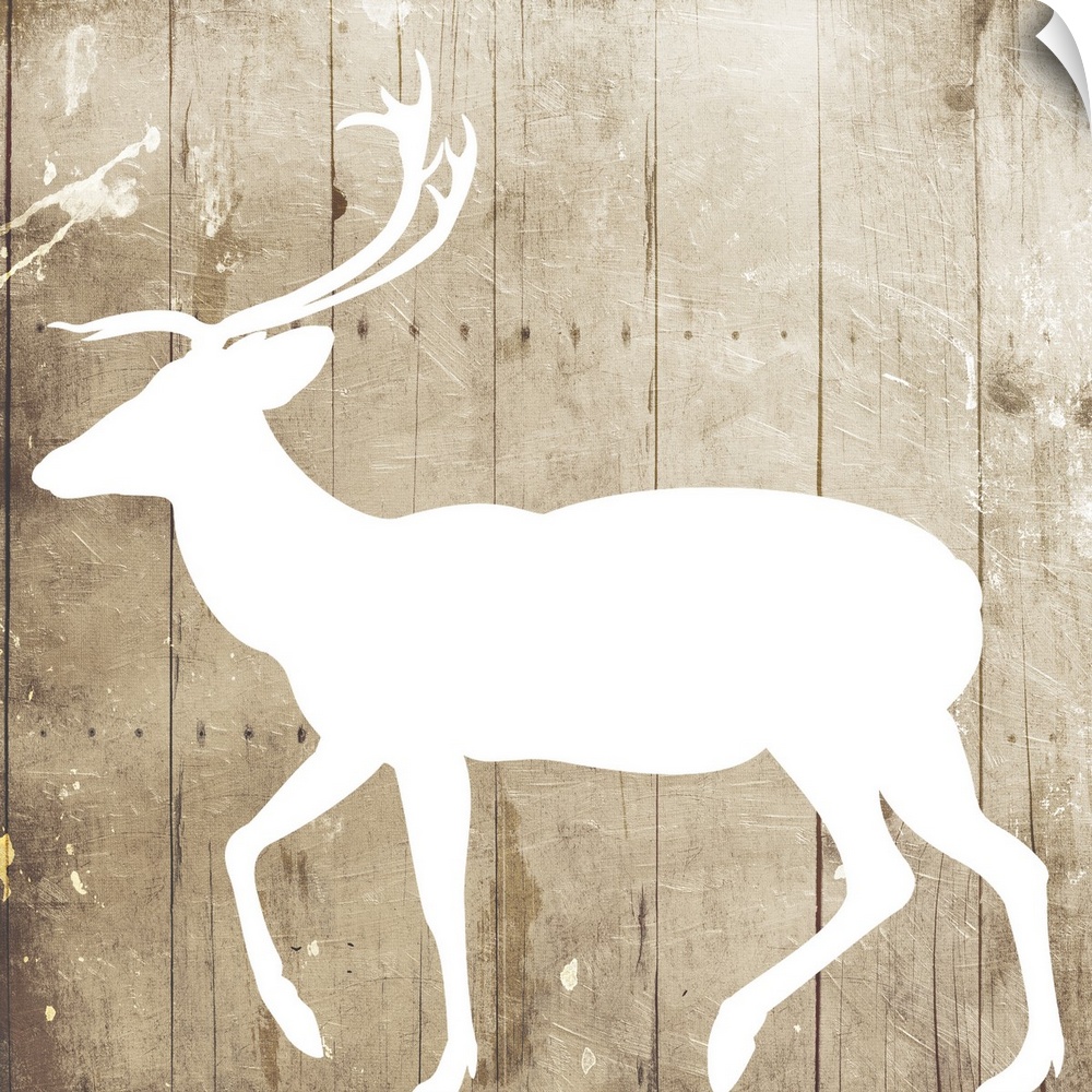 A white silhouette of a deer painted on a wood background.