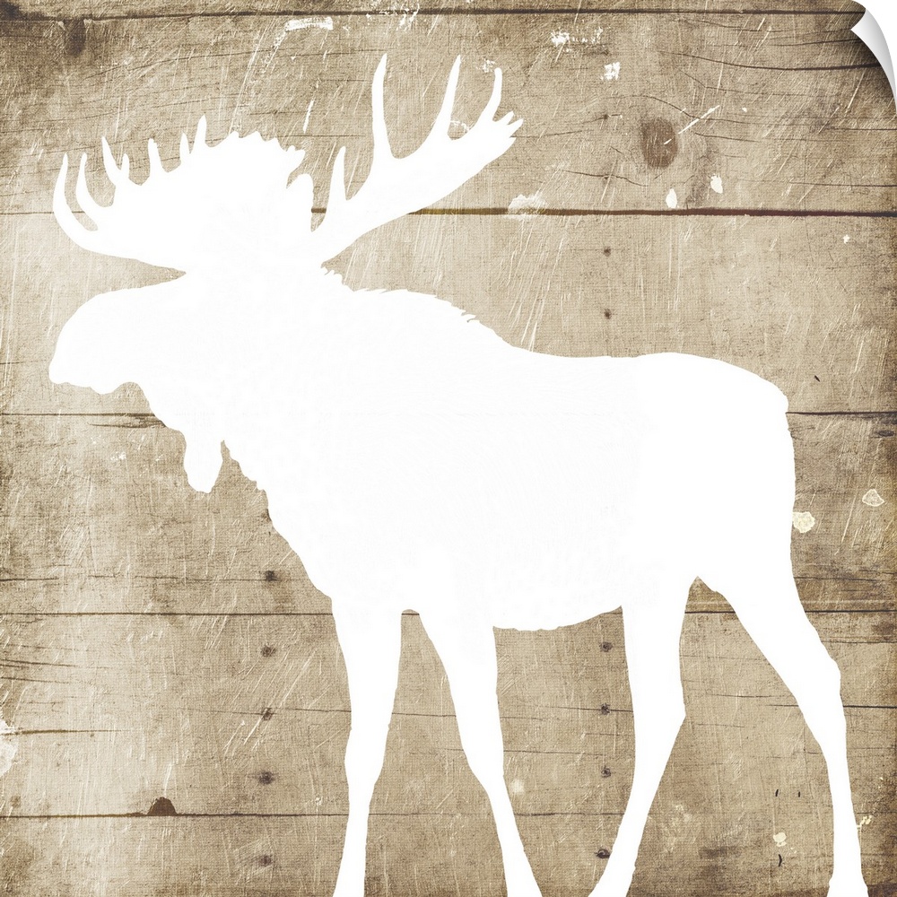 A white silhouette of a moose painted on a wood background.
