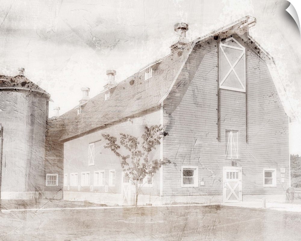 An image in shades of gray of a barn with a textured overlay.