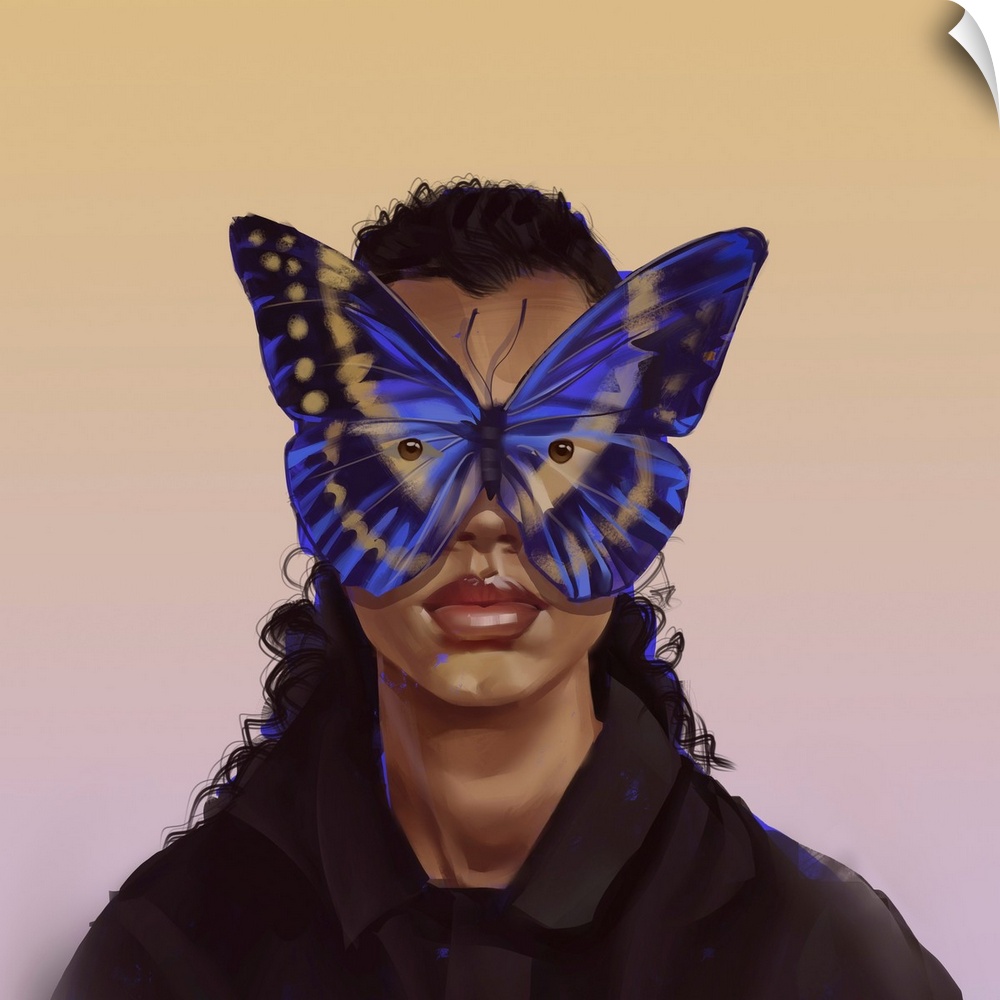 A woman with cobalt butterfly frames.