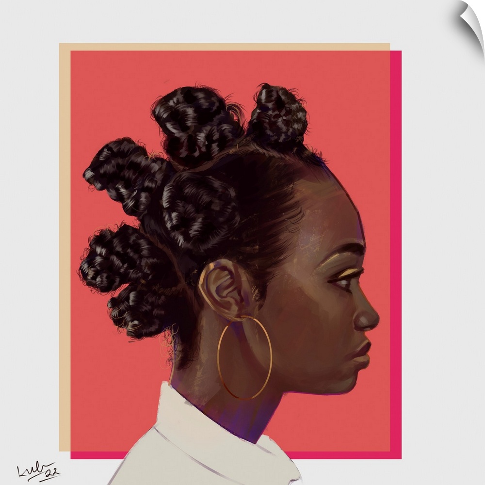 A high impact contemporary portrait of a young Black woman with knotted hair and large gold hoop earrings