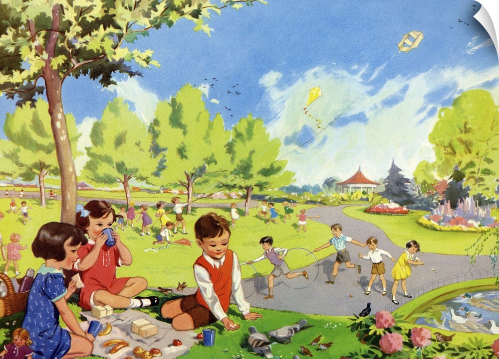 Infant School Illustrations.1950s.UK.parks playing picnics hoops  Enid Blyton...