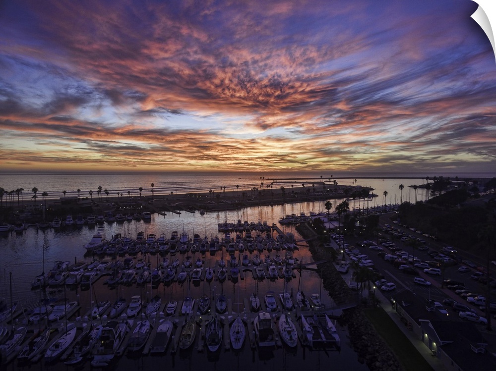 Pink skies at the Oceanside Harbor - Aerial Panoramic at sunset in Oceanside.