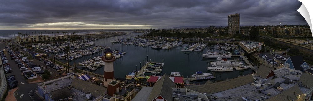 This is an aerial panoramic of the Oceanside Harbor at sunset. Oceanside is 35 miles North of San Diego, California, USA