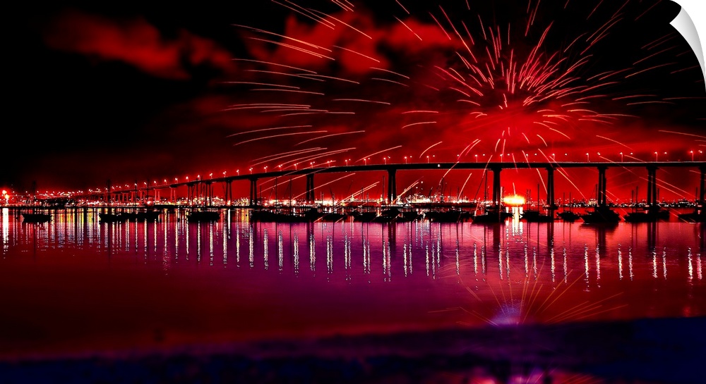 Fireworks over San Diego's Coronado Bay Bridge, San Diego, California, USA