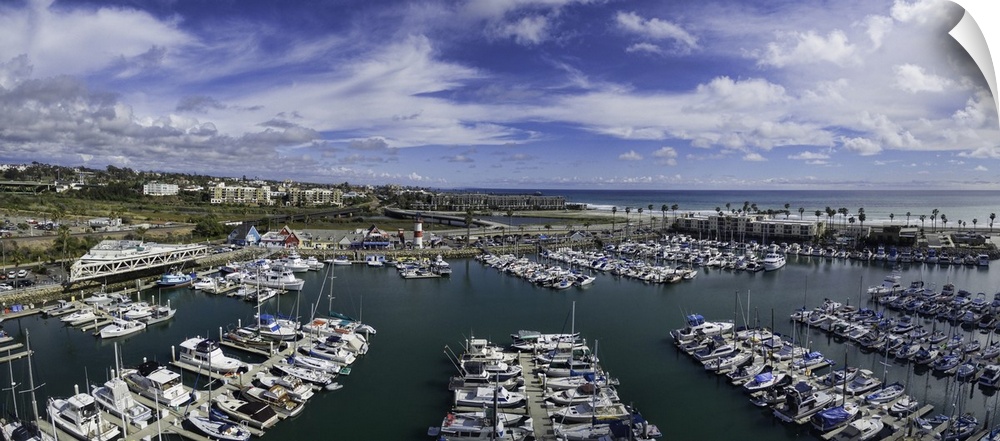 Aerial Panoramic of the Oceanside Harbor in Oceanside, California, USA.