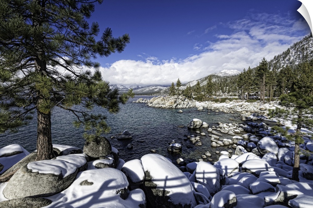 Lake Tahoe's Sand Harbor in winter. Lake Tahoe is a very large lake that's in both California and Nevada.