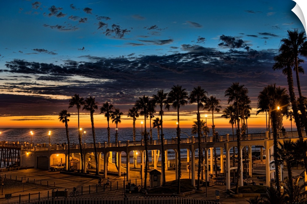 The lights are on at sunset at the Oceanside Pier, Oceanside, California, USA.