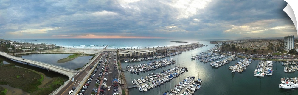 Oceanside Harbor aerial panoramic. Oceanside is 40 miles North of San Diego, California, USA.
