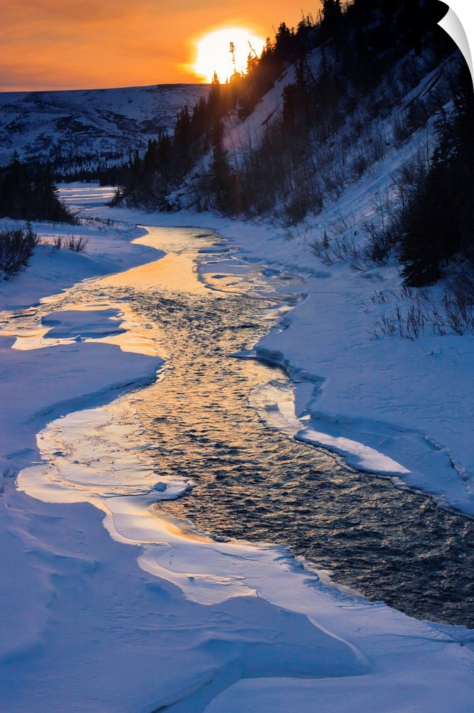 Sunset over Phelan Creek alongside the Richardson Highway, winter,  Alaska, USA.
