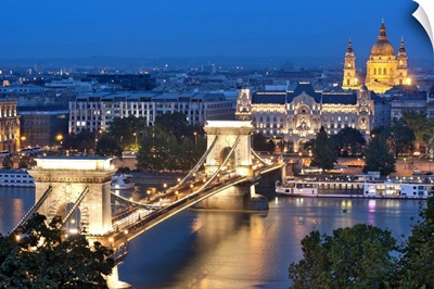 A Night View Of Szechenyi Chain Bridge Over The Danube River In Budapest