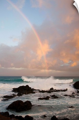 A Rainbow Crosses The Sky Over Ocean Waves, Hawaii