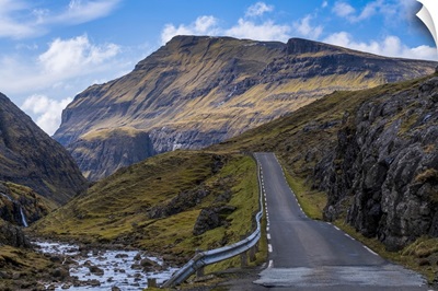 A Scenic Empty Straight Uphill Road Leading To Saksun On The Faroe Islands