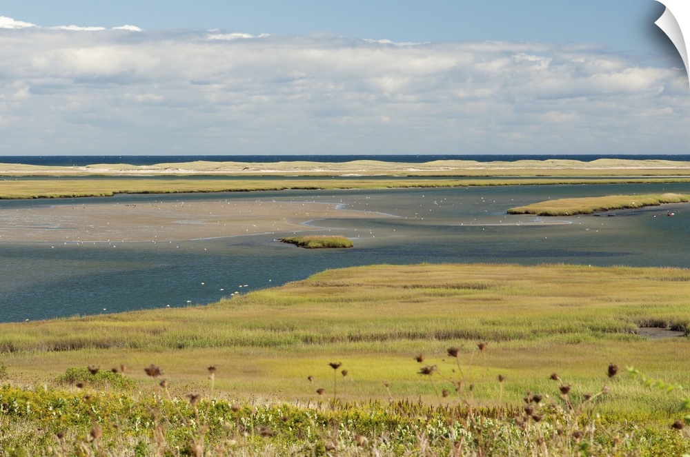 A scenic view of a coastal marsh and barrier island. Fort Hill, Eastham, Cape Cod, Massachusetts.