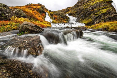 A stream flows past on the West Fjords on its way to the ocean; Iceland