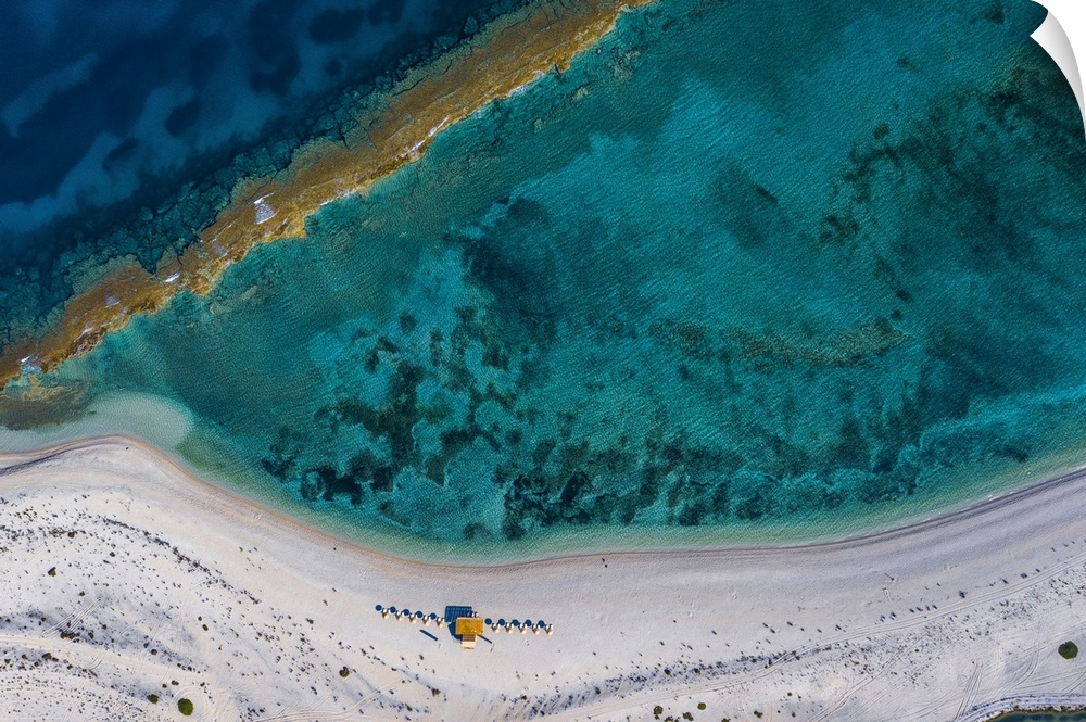 Aerial view of a secluded spectacular beach with corals in Lefkada in Greece.