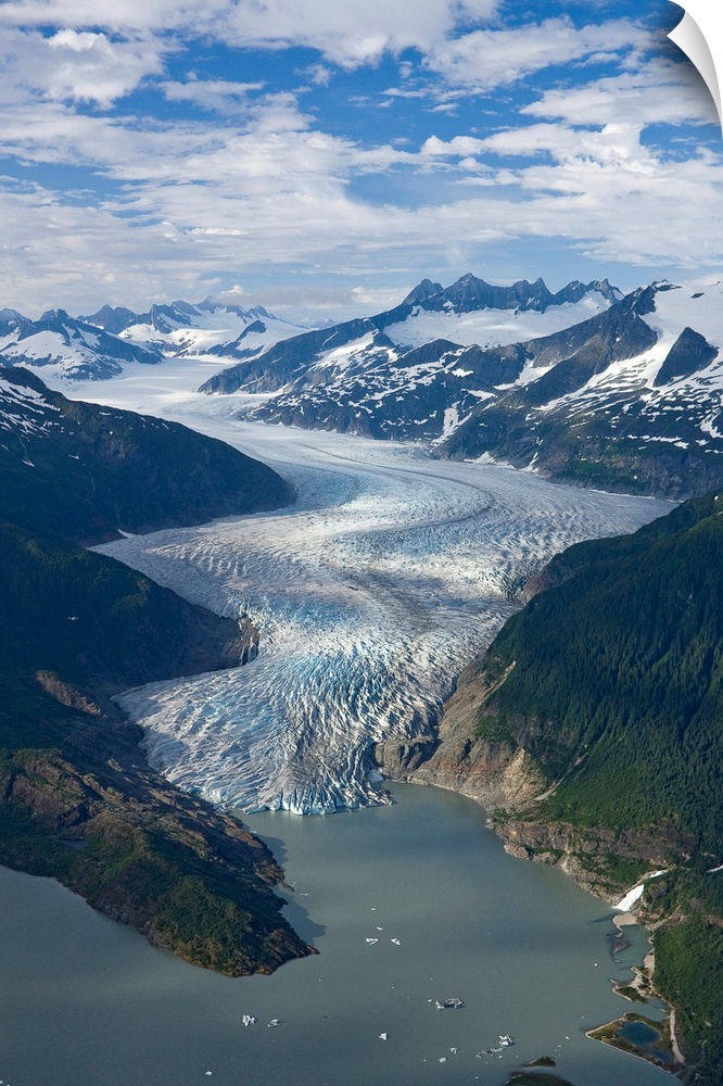 Mendenhall Glacier winds its way down from the Juneau Ice Field to Mendenhall Lake, where the face of the glacier terminat...