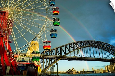 Amusement Park ride in front of Sydney Harbor Bridge; Sydney, Australia
