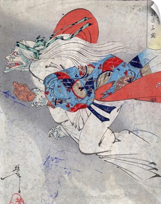 An Elderly Woman Or Demon Flying Through The Air, By Yoshitoshi Taiso, Dated 1886