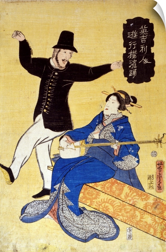Print on hosho paper, woodcut, colour shows an Englishman dancing in Yokohama. Artist Yoshitora Utagawa. Japanese print sh...