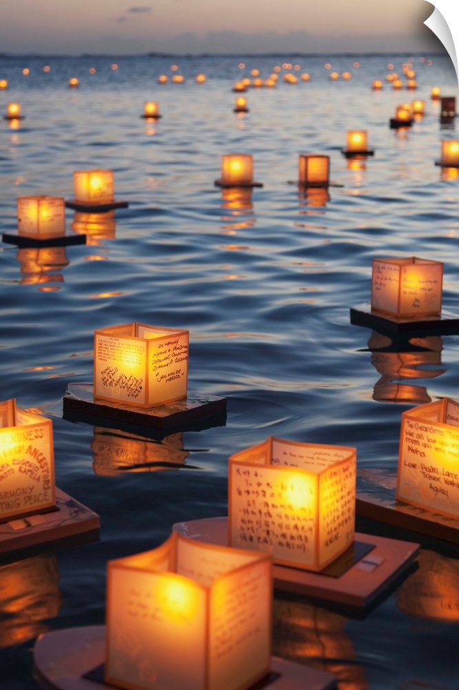 Annual lantern floating ceremony during sunset at Ala Moana, Oahu, Hawaii
