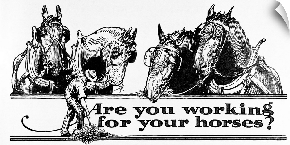 Advertisement with illustration of farmer and horses in early 20th century.
