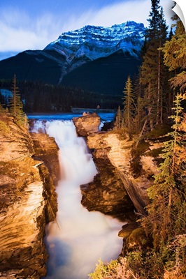 Athabasca Falls And Mount Kerkeslin At Dusk, Alberta, Canada