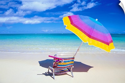Beach Chair And Umbrella With Snorkel Gear, Turquoise Ocean And Blue Skies