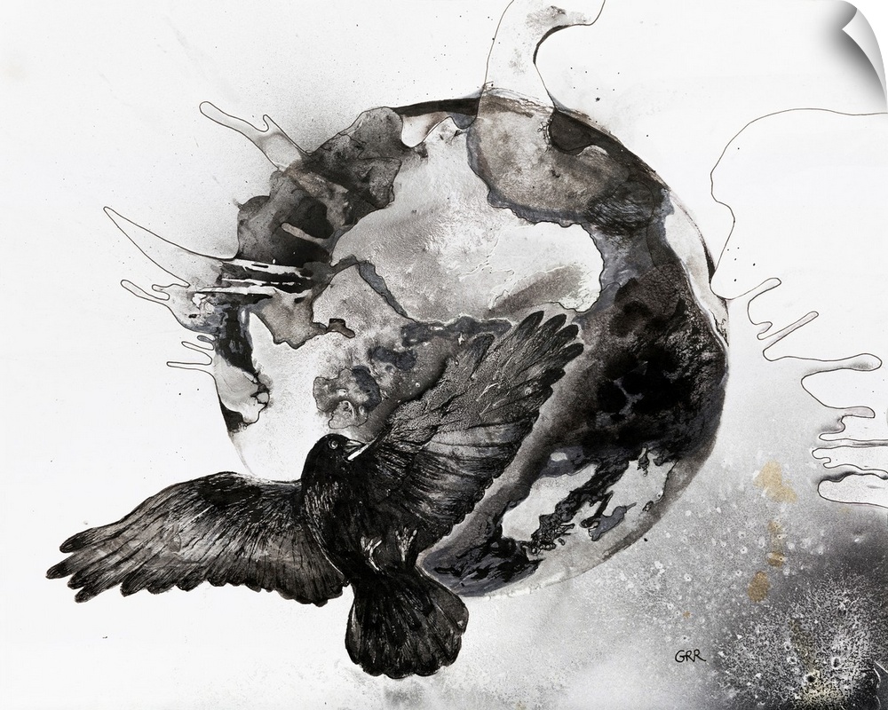 Black and white illustration of a flying bird in front of a globe.