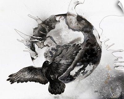 Black And White Illustration Of A Flying Bird In Front Of A Globe