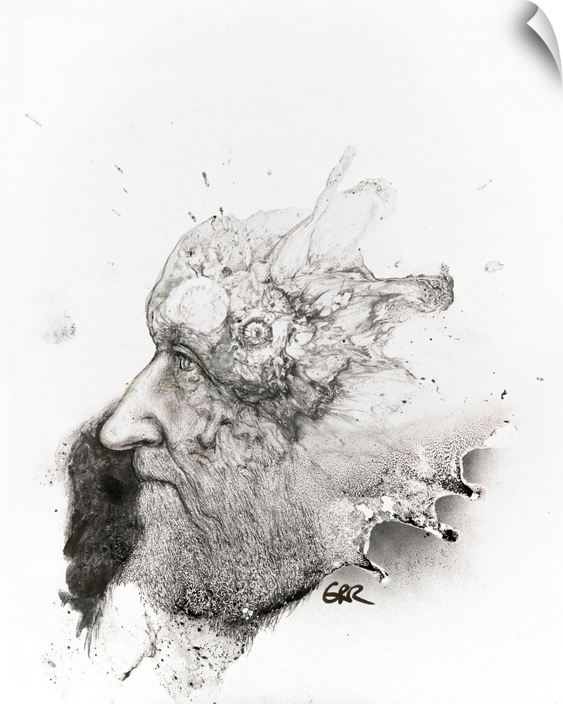 Black and white illustration of a man's face and head with splashing patterns over the skull.