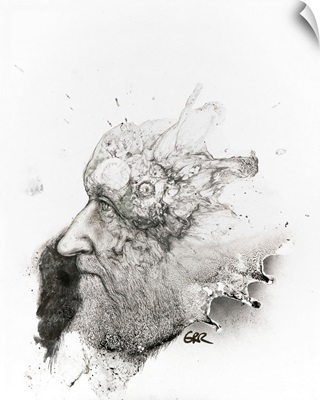 Black And White Illustration Of A Man's Face And Head With Splashing Patterns