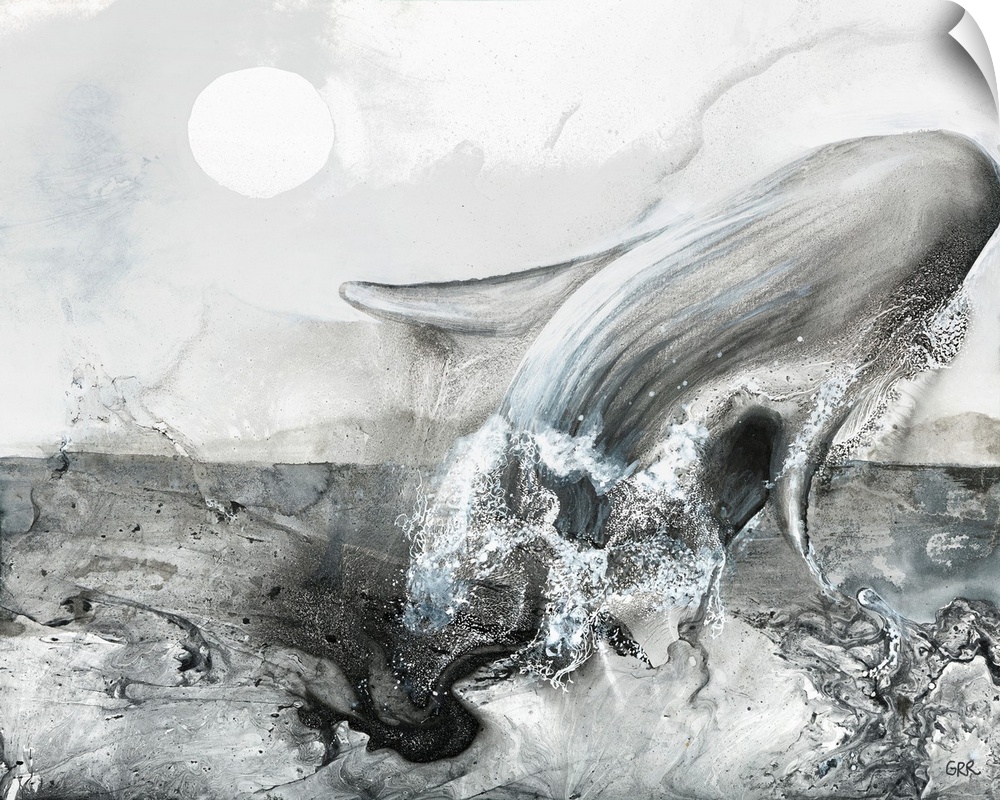 Black and white illustration of a whale leaping from the surface of the water.