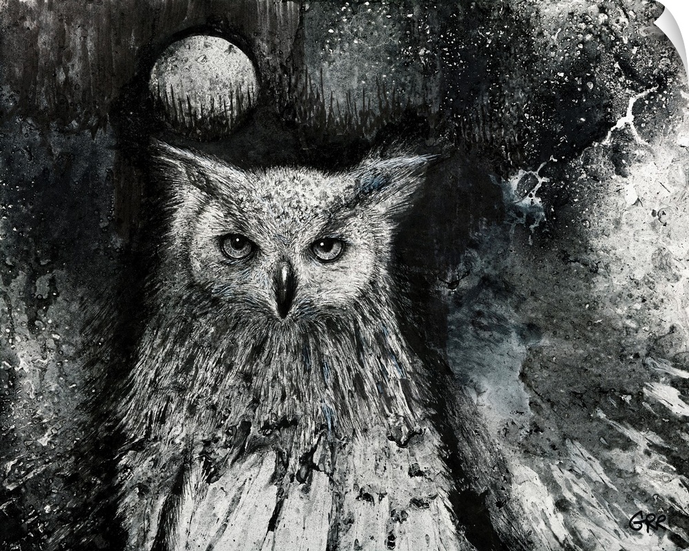 Black And White Illustration Of An Owl And  Full Moon In The Night Sky.