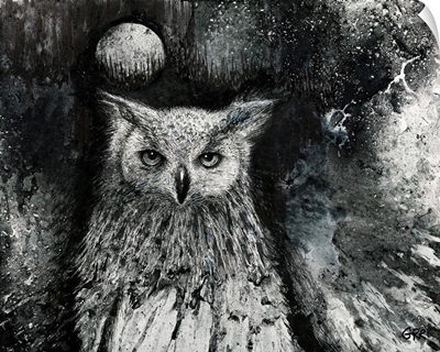 Black And White Illustration Of An Owl And  Full Moon In The Night Sky