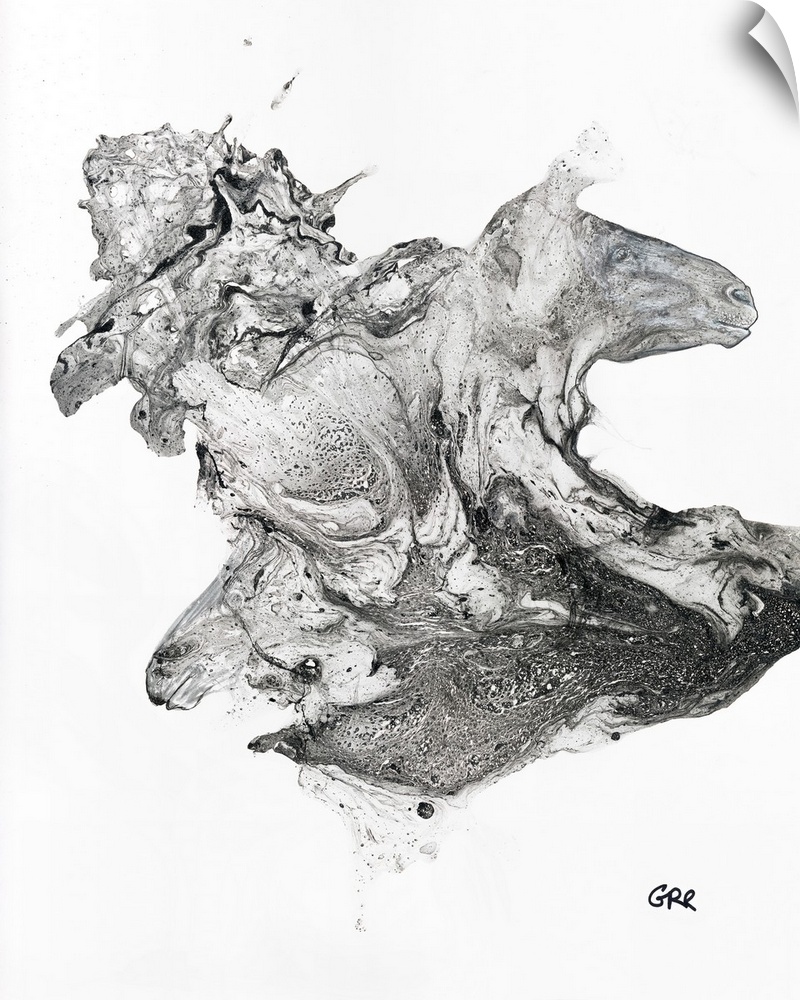 Black and white illustration of horse heads emerging from an abstract.