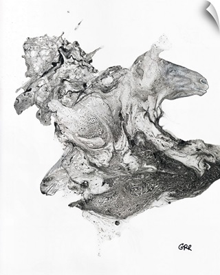 Black And White Illustration Of Horse Heads Emerging From An Abstract