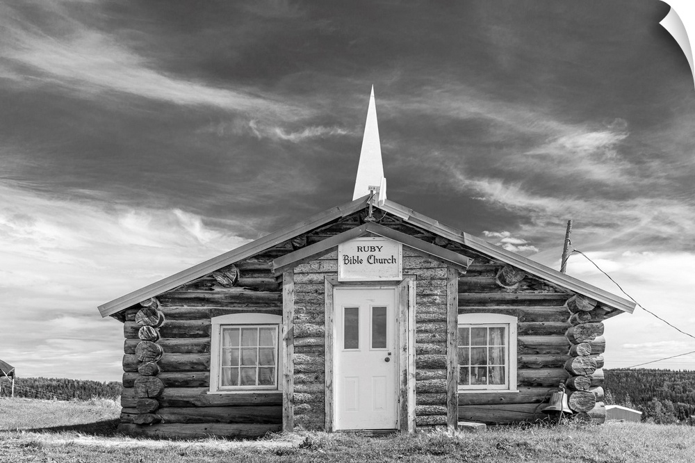 Black and white image of Ruby Bible Church in Interior Alaska, USA, Ruby, Alaska, United States of America